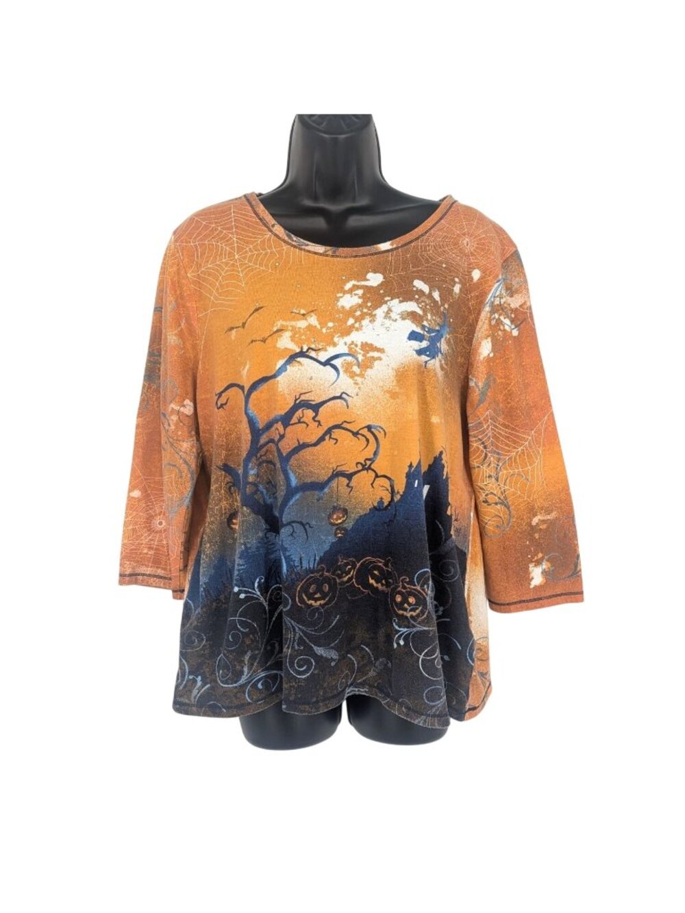 Halloween Tunic Top Spiderweb Pumpkin Print Studded Whimsigoth 3/4 Sleeve XLarge